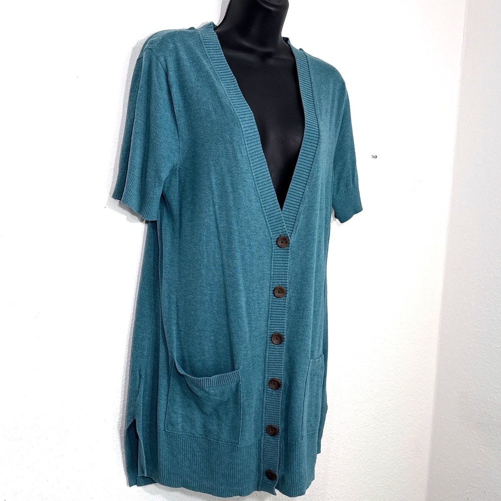 Eddie Bauer M Short Sleeve Cardigan Sweater Teal Blue Button Pockets Bella Swan - Picture 3 of 13